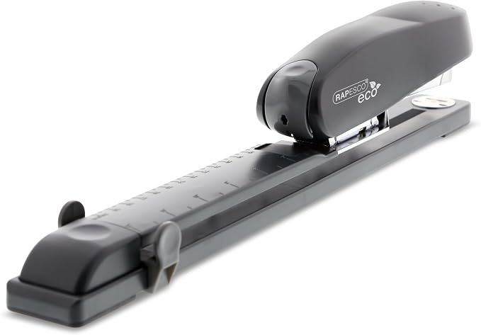 Rapesco 1281 ECO Long Reach Stapler with 10.000 Staples, Type 26 Standard 5/16", 50 Sheet Capacity, Front Loading, Full Strip, Uses Type 26 Standard and Type 24 High-Capacity Staples, Charcoal | Heavy-Duty, Includes 10,000 Standard 5/16" Staples, Rotat...