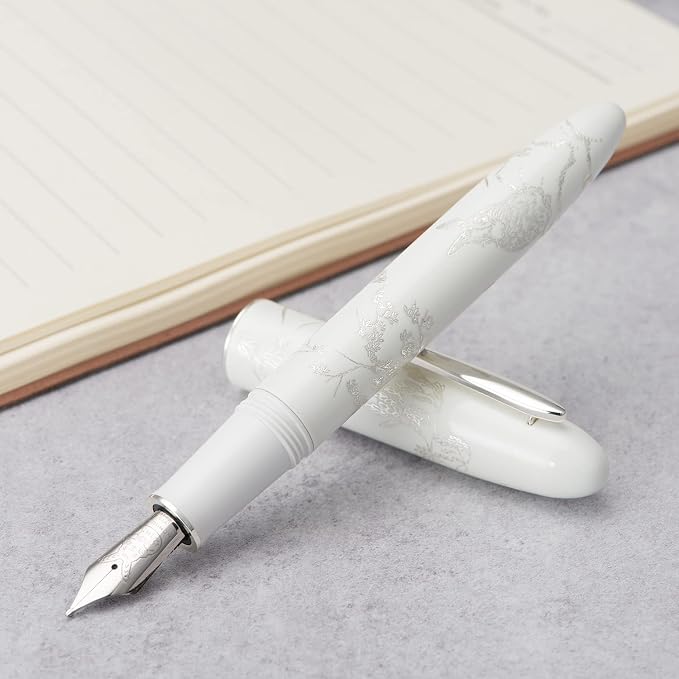 HONG DIAN Hongdian N23 White Rabbit Fountain Pen, Iridium Extra Fine Nib Silver Trim, New Year Lucky Rabbit Carving Design, Smooth Writing Pen with Converter and Metal Pen Box Set