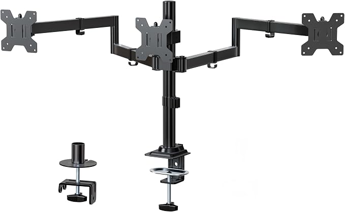 WALI Adjustable Triple Monitor Mount for 13-27 inch Screens, 22 lbs per Arm | 3 Monitor Desk Mount, Full Motion with Tilt, Swivel, Rotation, C-Clamp & Grommet Base, VESA 75/100mm (M003S), Black