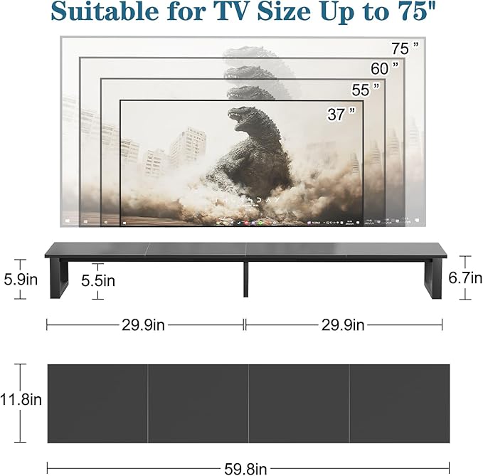 aboxoo 59" Large TV Riser Stand for 32-75 Inch TV, TV Shelf with Steel Legs | Black TV Riser Stand with Storage, Tabletop TV Riser for Home Living Room, Study Office, Fit TV, Monitor, Laptop