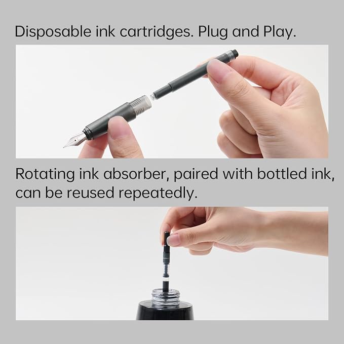 Kaco SKY Fountain Pen with Extra 8 Cartridges, Black Ink Pen with Medium Nib and Ink Converter, Black