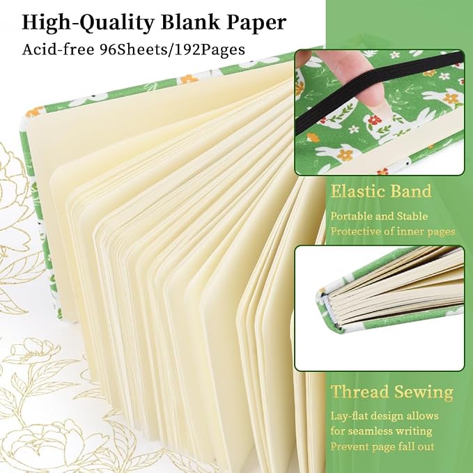 E-WEICHEN Square 4.8x4.8 inches 80gsm 96sheets/192 Pages Notebooks Blank Sketchbooks Travel Journal Pocket Hardcover Paint Writing Diary Memo Planner Cloth Cover. Green Rabbit