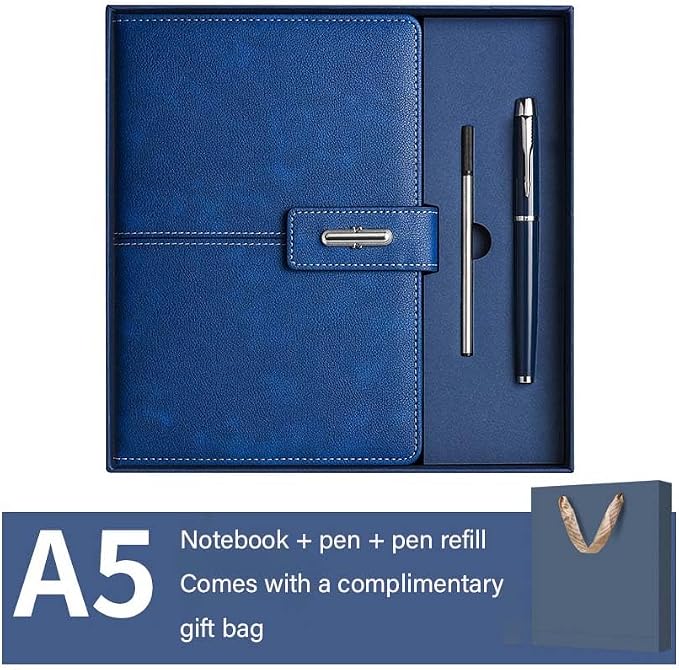 A5 Notebook Journal Leather Journal Hardcover With Pen Set for Work School Writing Business Notebook 200 pages + pen refill + gift box packaging(Blue)