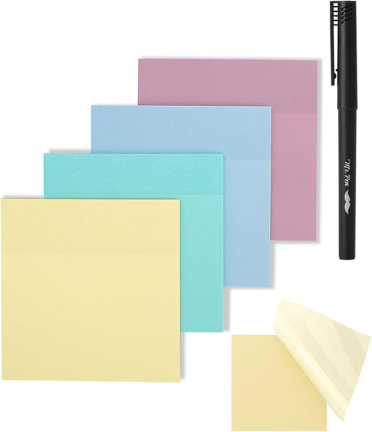 Mr. Pen- Transparent Sticky Notes, 3" x 3", 4 Pads, 200 Sheets | Morandi Colors, See Through Self-Adhesive Notes with Fineliner for Bible Journaling and Studying, Water-Resistant