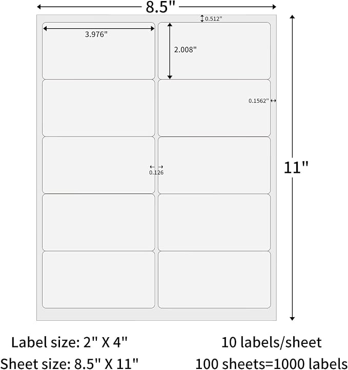 2x4 Shipping Address Labels for Laser and Inkjet Printer, 100 Sheets 1000 Labels Strong Adhesive Mailing Shipping Labels, 10 Per Page Labels
