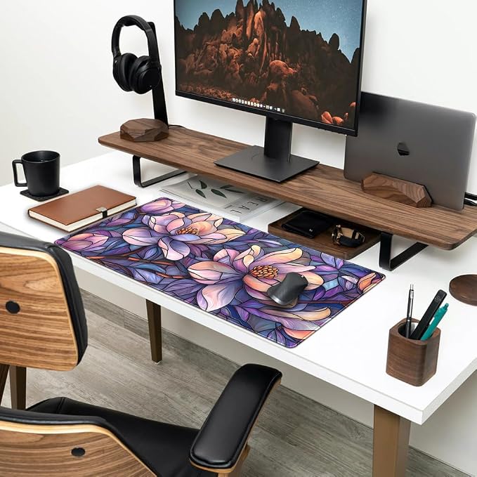 Floral Desk Mat Gaming Large Mouse Pad Desk Keyboard Pad, Long Computer Mat Faux Stained Glass Artistic Patterns Mouse Mat, Aesthetic Floral Purple & Pink Desk Protector Office Decor 31.5" X 15.7"