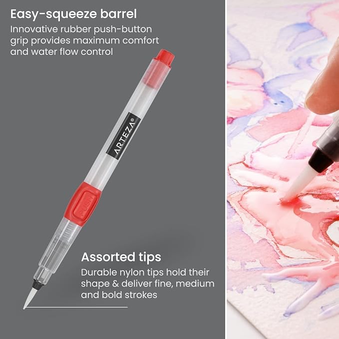 Arteza Water Brush Pens, Set of 6, with Assorted Soft Nylon Bristle Tip Sizes, Self-Moistening Water Color Paint Pens for Aquarelle, Ink, and Watercolor Painting