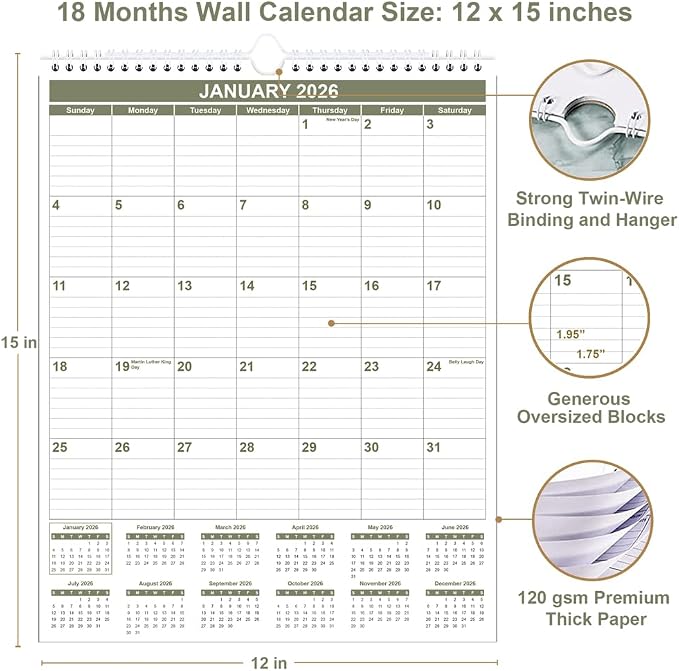 Calendar 2026-2027 - 18 Months Wall Calendar from July 2026 - June 2027, 2026-2027 Wall Hanging Calendar Planner with Thick Paper, 12" x 14.5", Green