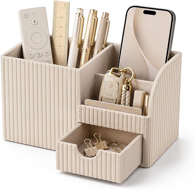 KINGFOM Luxury PU Leather Desk Organizer with Drawer, Modern Aesthetic Office Desk Accessories for Men & Women, Multi-Compartment Pen Holder & Desktop Storage Organizer for Home Office