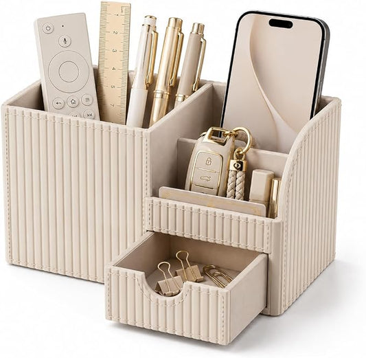 KINGFOM Luxury PU Leather Desk Organizer with Drawer, Modern Aesthetic Office Desk Accessories for Men & Women, Multi-Compartment Pen Holder & Desktop Storage Organizer for Home Office