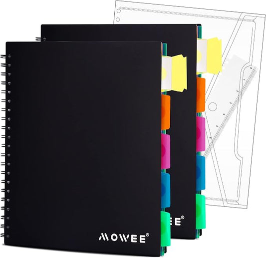 5-Subject Spiral Notebook, College Ruled, with Pocket & Tab Dividers | 200 Pages, 11" Ruler, 8.5"x11" 2PCBlack, Pocket Dividers with Tab Labels, for Writing Journal, Home, Office & School Supplies
