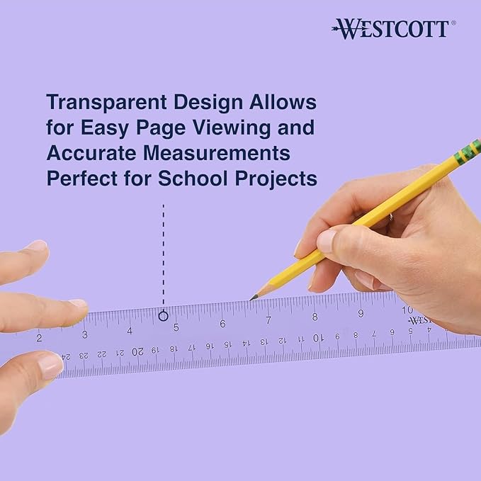 Westcott Acrylic Clear Ruler, Easy-to-Read Markings, Scratch-Resistant Design, Raised Beveled Edges, for Crafting, Office, Classroom, Back to School Supplies, 12-Inch