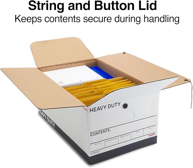 STAPLES Heavy Duty File Box, String and Button Lid, Legal, White/Gray, 4/Pack (TR59224)
