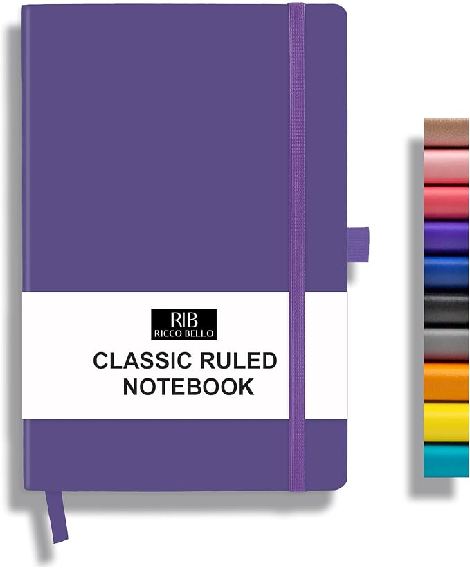 RICCO BELLO Lined Journal Notebook, Purple, 5.7 x 8.4-Inches | Faux Leather Hardcover, College Ruled, 96 Sheets / 192 Pages, Pen Holder, For Work & Notes