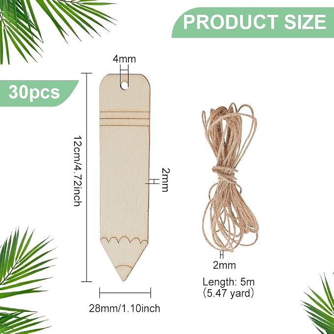 BENECREAT 30Pcs Wooden Pencil Cutouts Back to School Wooden Cutout Blank Labels Tags with Jute Cord Pencil Hanging Ornaments for Teacher Appreciation Week