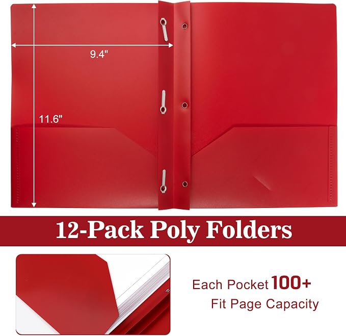Plastic Folders with Pockets and Prongs,2-Pocket Folders with 3 Fasteners, Holds 8-1/2" x 11" Paper, Pastel Color (Bright Red, 12-Pack)