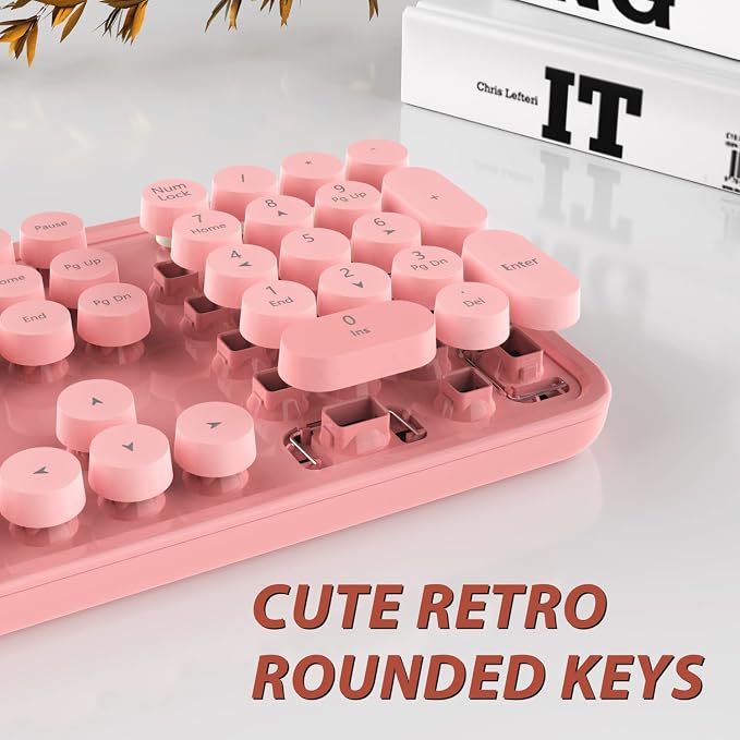 Kootop Cute Wireless Keyboard and Mouse Combo for PC Laptop Desktop Pink | Cute pink Colorful Typewriter Retro Round Keycaps 104 keys for PC Laptop,Desktop,Windows,