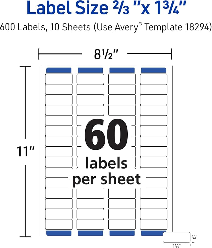 Avery Printable Return Address Labels with Sure Feed Technology, 2/3" x 1-3/4", White, Laser & Inkjet Compatible, 600 Blank Labels Total, Great for Mailing, Branding, and More (18294)