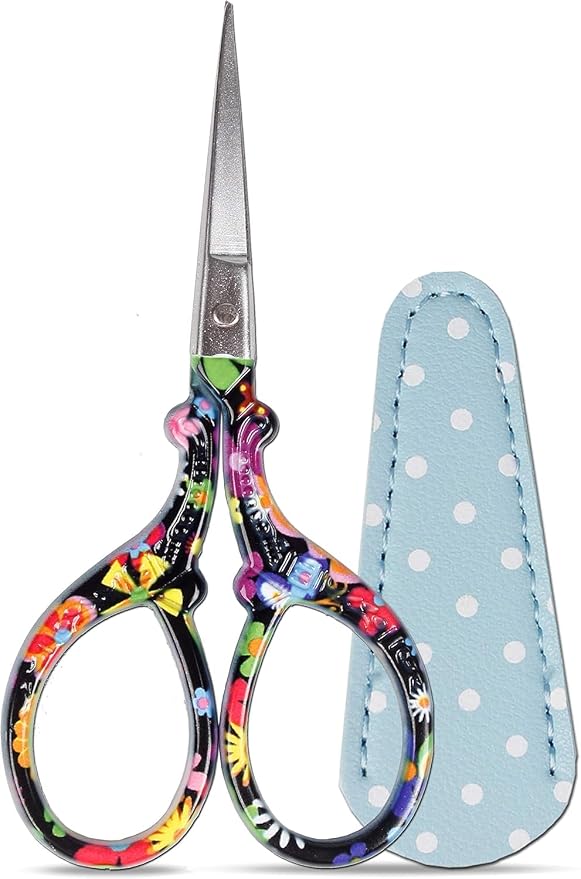 Classic 3.6" Sewing Scissors with Premium Leather Sheath-Hisuper Sharp Embroidery Scissors,Vintage Decorative Shears for Needlework,Cross Stitch,Crochet Accessories,Craft DIY Tool-Black Floral