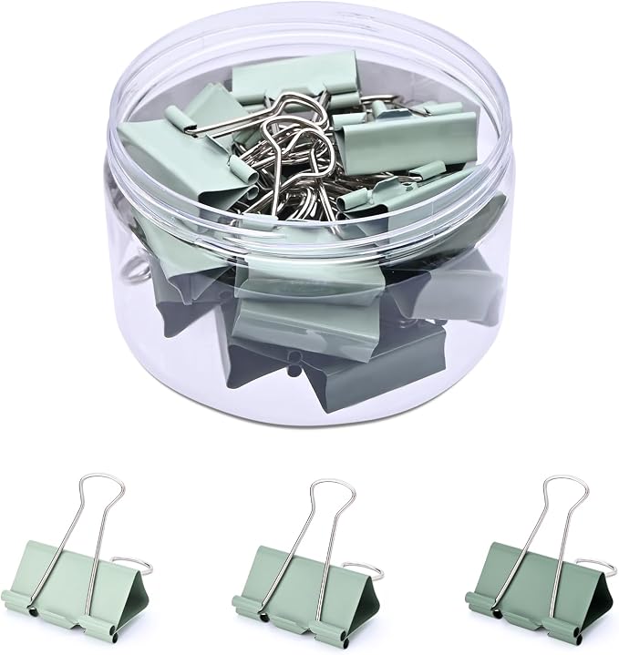 Temiary Aesthetic Binder Clips, Medium Metal Binder Clip with Clear Storage Container, Binding Paperwork Clamps for School Teachers Office Supplies (Green 1.26 Inch, 24P)