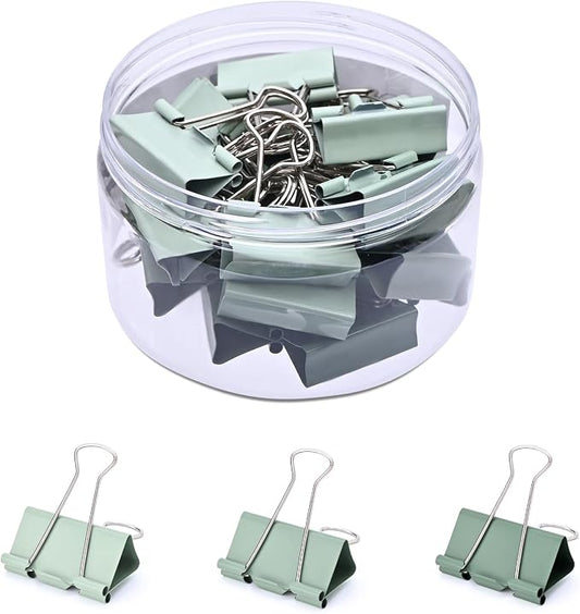 Temiary Aesthetic Binder Clips, Medium Metal Binder Clip with Clear Storage Container, Binding Paperwork Clamps for School Teachers Office Supplies (Green 1.26 Inch, 24P)