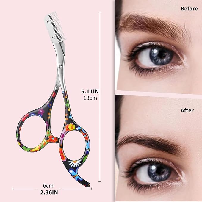 Eyebrow Scissors With Comb, Facial Grooming Scissors Kit, Professional Precision Eyebrow Trimmer Scissors,Perfect For Gifts For Women and Men (Black Flower)