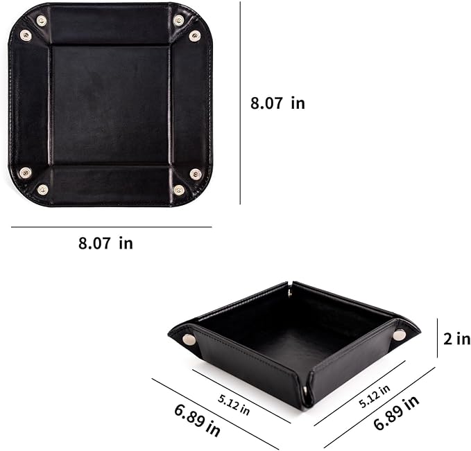 Valet Tray for Men PU Leather Tray Organizer with Partition, Storage Keys, Watch & Practical Storage for Table Nightstand Living Room Bedroom (Black-Square)