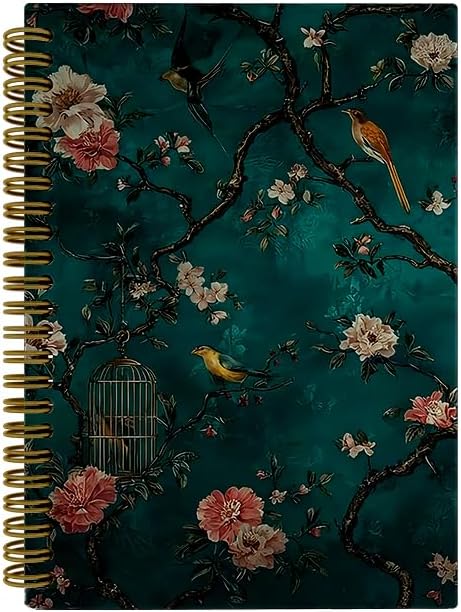 Dark Teal Chinoiserie Floral Bird Spiral Notebook for Work Study, Vintage Oriental Traditional Nature Botanical Notebook Journal for Women Note Taking, 5.5x8.3 Inch