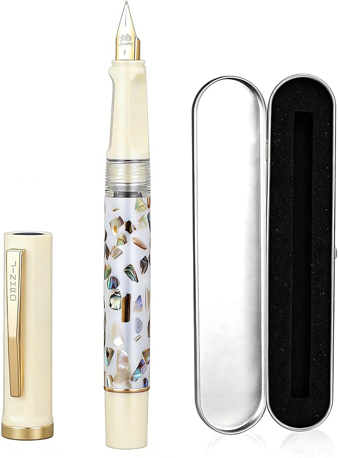 Jinhao 58 Fountain Pen - Natural Sea Shell Inlay Fine Nib Writing Pen with Ink Converter & Silver Metal Gift Box, Ivory White