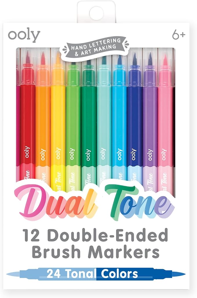 Ooly Dual Tone Calligraphy Markers, Set of 12, 24 Colors | Brush Tip Pens for Writing and Hand Lettering, 24 Colors, Acid-Free Ink, Great for Kids and Adults, Ages 8+