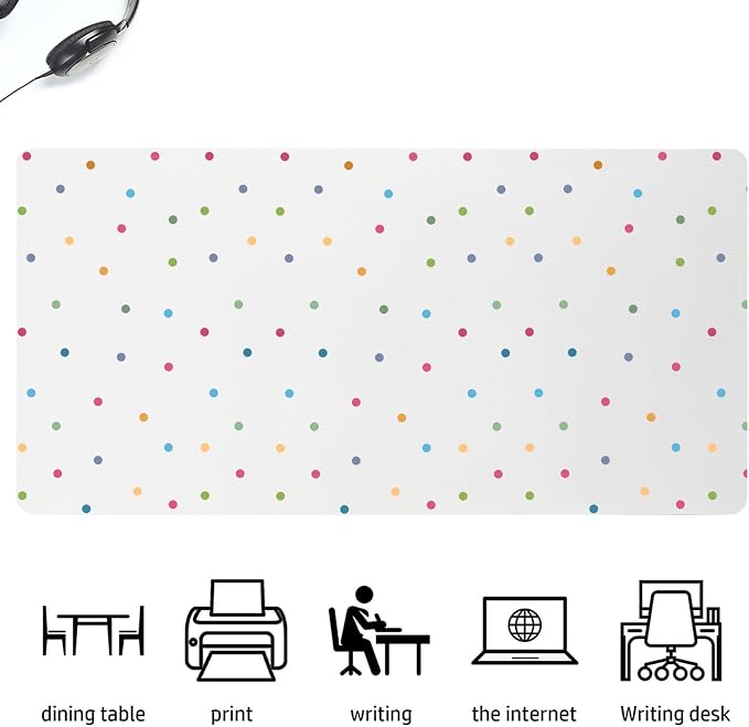 Kawaii Polka Dot Leather Desk Mat Extended Gaming Mouse Pad | Non-slip Large Writing Pad Laptop Blotter Computer Keyboard Mat | Cute White Desk Protector for Home Office 27.6" x 13.8"