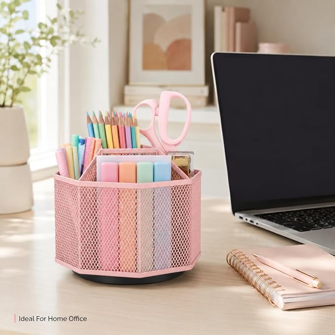 Exerz Desk Organizer 360 Rotating Pen Holder Storage Caddy Light Pink | Smooth Spinning Base with Open Mesh Sections Easy Access to Pens Brushes Scissors Daily Desk Tools