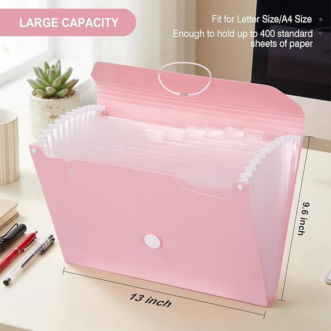 Comix Accordion File Organizer, 13 Pocket, Pink | Expanding File Folder, With Labels, A4/Letter Size Documents, For Office, Home, School