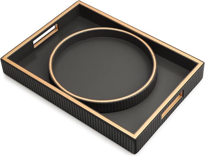 SANZIE Leather Tray Desktop Storage Organizer Premium Serving Tray Decorative Trays Valet Trays for Sundries Cosmetics Phone Wallet Cutlery (Black Holder with Disc)