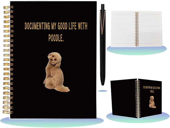 Poodle Gifts for Dog Lovers - Cute Poodle Mom Spiral Notebook & Pen Set, Poodle Themed A5 Journal for Work School, Pet Lover Appreciation Gift, 80 Sheets College Ruled, Black & Gold