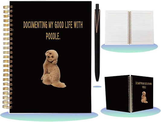 Poodle Gifts for Dog Lovers - Cute Poodle Mom Spiral Notebook & Pen Set, Poodle Themed A5 Journal for Work School, Pet Lover Appreciation Gift, 80 Sheets College Ruled, Black & Gold