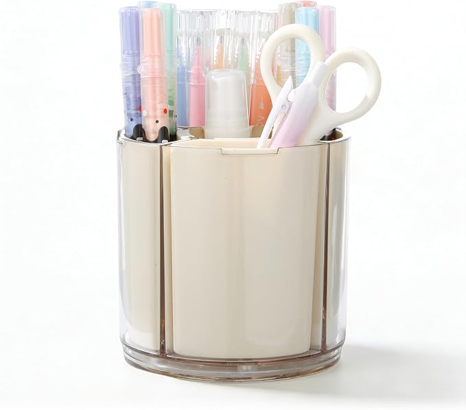 Comix 360° Rotating Pen Holder for Desk, Cute Pencil Holder Pen Organizer, Beige Acrylic Pencil Cup Caddy with 5 Slots for Home School Office Supplies