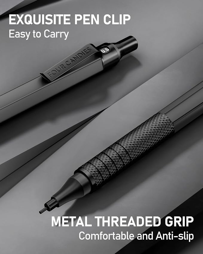 2PCS Metal Mechanical Pencil Set, 0.5mm+0.7mm, Storage Case, Black＆Silver | 360 Lead Refills, 3 Erasers, 9 Eraser Refills, Smooth Writing, Anti Grip, for Sketching, Technical Drawing, Art Projects