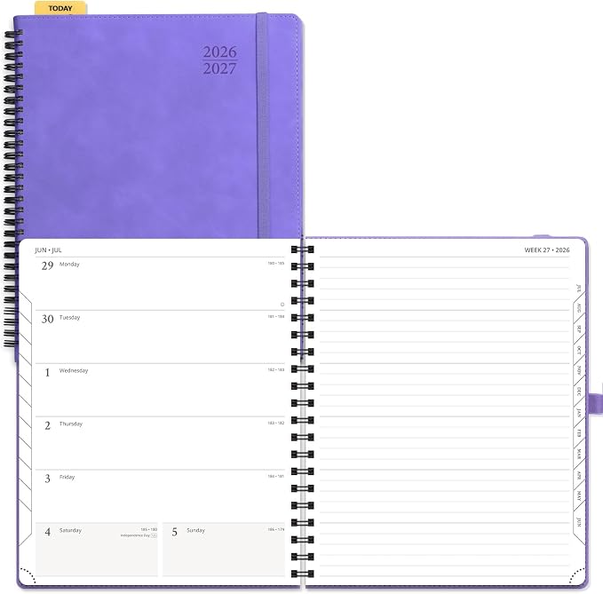 POPRUN Weekly Planner 2026-2027 (July 26-June 27), Large-8.5" x 10.5", Academic Agenda 2026-2027 Calendar Notebook Planner for School, College, Spiral Leather Softcover, 100GSM - Lilac