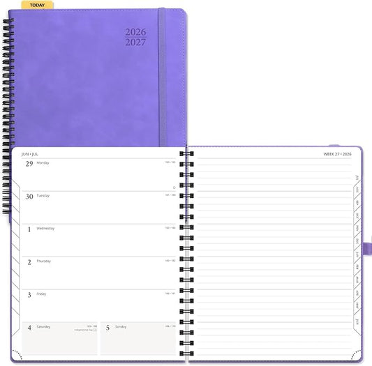 POPRUN Weekly Planner 2026-2027 (July 26-June 27), Large-8.5" x 10.5", Academic Agenda 2026-2027 Calendar Notebook Planner for School, College, Spiral Leather Softcover, 100GSM - Lilac
