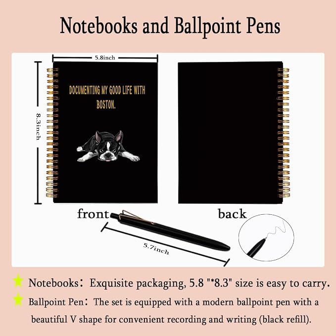 Boston Terrier Spiral Notebook with Pen Set - A5 College Ruled Lined Journal, Hardcover Dog Lover Diary for Women & Girls, Office Supplies Gift for Boston Terrier Moms, 80 Sheets