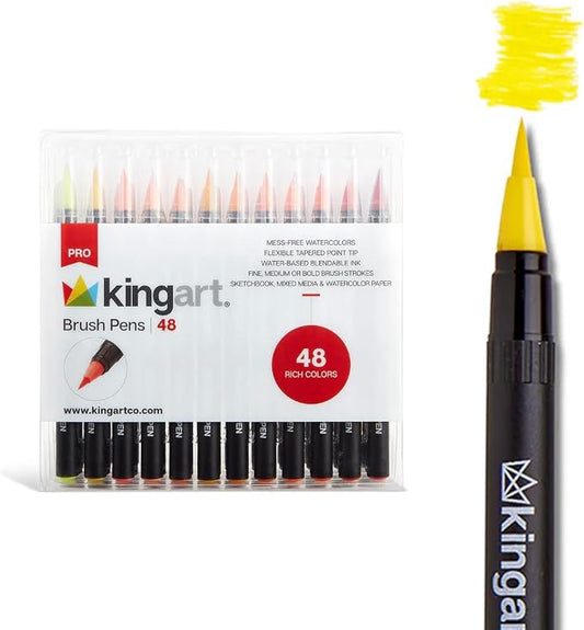KINGART Pro Brush Pens, 48 Colors for Real Watercolor Painting with Flexible Nylon Brush Tips, Paint Markers for Coloring, Calligraphy and Drawing for Artists and Beginner Painters