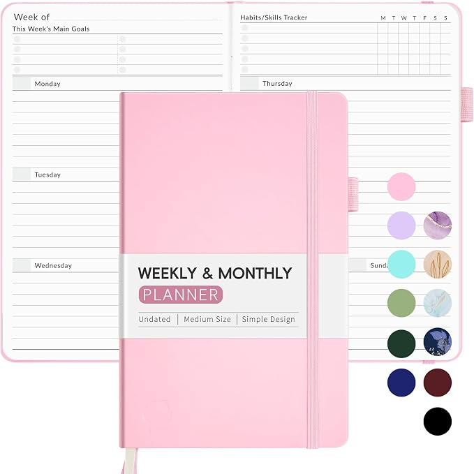Undated Weekly Planner for 2026, Forvencer Simplified Weekly & Monthly Calendar Planner, Cute Daily Organizer Notebook, Agenda Journal to Track Goals & Tasks, Start Anytime, A5 Size, Pink