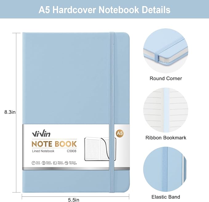 ViVin Lined Journal Notebooks for Professional Office Work,192 Pages,Medium 5.5 x 8.3 inch,College Ruled,A5 Hardcover Journaling Notebooks for Writing,8 Pack Bulk