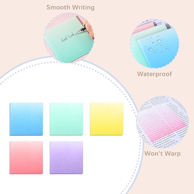 BAYTORY Glitter Transparent Sticky Notes, 250 Sheets 3 x 3 Clear Memo Pads | Gradient Color Waterproof Self-Stick Note, See Through Aesthetic Self-Adhesive Note for Bible Accessories