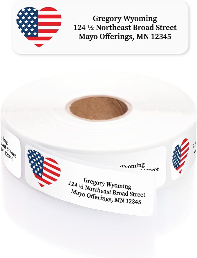 American Flag Heart Rolled Address Labels/Roll of 250 Personalized Return Address Labels/Designer Return Address Stickers in Elegant Plastic Dispenser