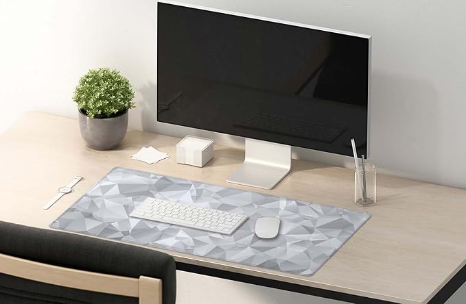 SSOIU Large Mouse Pad, Full Desk XXL Extended Gaming Mouse Pad 35.5" X 15.7", Waterproof Desk Mat Stitched Edges, Non-Slip Computer Keyboard Mousepad for Office and Home, Gray Triangular Abstract