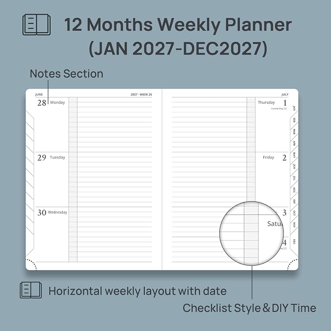 POPRUN 2027 Planner (Medium 6.75"x 8.75"), Weekly and Monthly Planner | Daily Calendar Book Jan.2027 - Dec.2027, Appointment Book with Monthly Tabs, Leather Hardcover, Inner Pocket - Lavender