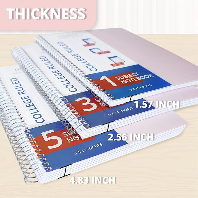 ONAVIA 5 Subject Spiral Notebook College Ruled 3 Pack, 400 Pages | 200 Sheets, 9 x 11 in, 6 Pack Waterproof Plastic Cover, Durable, School Notebooks, Classroom, Teachers