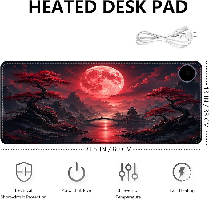 Large Heated Mouse Pad–31.5" x 13" Desk Mat for Office | 3 Adjustable Heat Levels,Auto Shut-Off After 3 Hours for Safety,Keeps Hands Warm While Working，Blood Moon Scenery